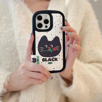 Сладко Корейски cartoony на Черна котка, черен калъф за телефон въздушна възглавница за iPhone 15 14 13 12 11 Pro Max, удароустойчив калъф с меки корици Kawaii