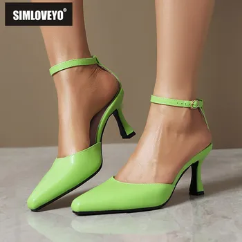 Дамски сандали SIMLOVEYO с квадратни пръсти, стъклени обувки на висок ток 8 см, лента с катарама, големи размери 40 41 42 43, Лаконичная елегантен дамски обувки за срещи