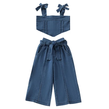 Костюм-двойка за новородени момичета, обикновена дънкови блузи без ръкави с отворен гръб + широки панталони с цепки от 1 до 6 години