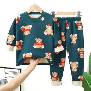 Комплект за детско топло бельо за момчета на средна възраст и момичета плюшен и гъста есенна облекло есенни панталони детски пижами за бебета и деца