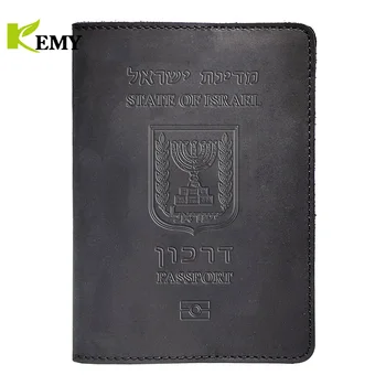 Корици за паспорти от естествена кожа Kemy за Израел, притежател на кредитна карта, калъф за паспорт на иврит, мъжки пътен портфейл