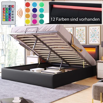 Модерна мека легло 140 * 200 cm с led подсветка, с решетъчен рамка и място за съхранение, таблата на леглото с осветени в различни цветове, за спалня