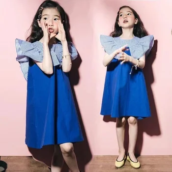 Лятна рокля за момичета в корейски стил, детски дрехи от 4 до 12 години, рокли в райе с които летят ръкави в стил мозайка за момичета