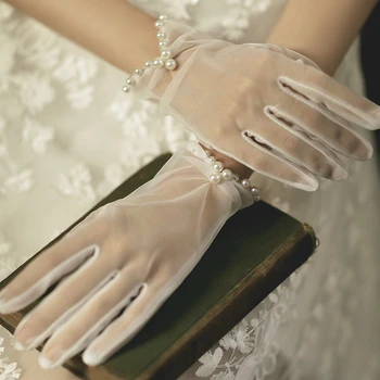 Кратки Сватбени ръкавици Булката, бежова Къса дизайнерски дантелени Марля Прозрачни дамски ръкавици, устойчиви на uv, Летни Дамски мрежести ръкавици без пръсти