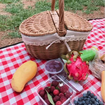 Ракита, кошница за пикник, ръчно изработени с дръжка, изплетен от върбови Кошница за съхранение на открито, контейнер за плодове за пикник на открито