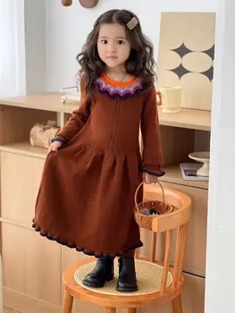 Детски рокли за момичета 2023, зимни нови детски възли рокля-пуловер