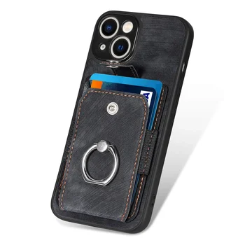 Кожен калъф За Iphone14 Plus 13 12 11 Pro Max 13 12mini Държач За Карти Калъф За вашия Телефон, В Ретро стил С Метален Пръстен XR XSMAX Защитен Калъф