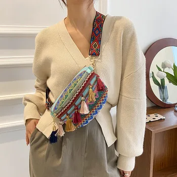 Дамски чанти в скута народен стил с регулируема каишка, поясная чанта пъстри цветове с ресни