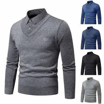 Есенно-зимния нов мъжки изкуствен пуловер от две части с начесом и приталенным яка поло, вязаная долна риза, удебелена и топло