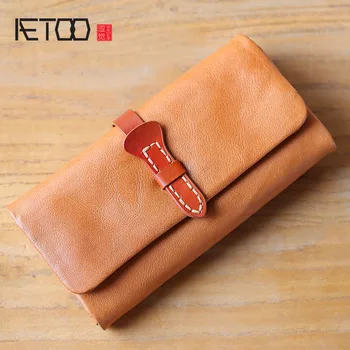 Кожена кесия AETOO, женски дълъг портфейл, в ретро стил, просто чантата с няколко карти с голям капацитет, клатч от кожата растително дъбени