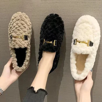 Зимни Дамски Обувки На равна подметка, Ежедневни Плюшен Утепленная Обувки, Модни Дамски Вулканизированная обувки за дома и разходки