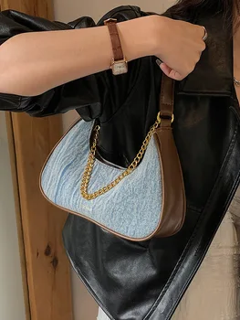 Дънкови чанти за жени 2023, нова мода син Деним кожена чанта Moon, реколта модерна дамска чанта през рамо, дамска чанта