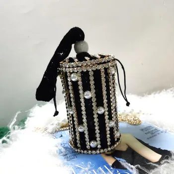 Луксозна диамантена вечер клатч за жени с перли и кристали Дизайнерска чанта с кухи портмонета и чанти Сватбената чанта в клетката